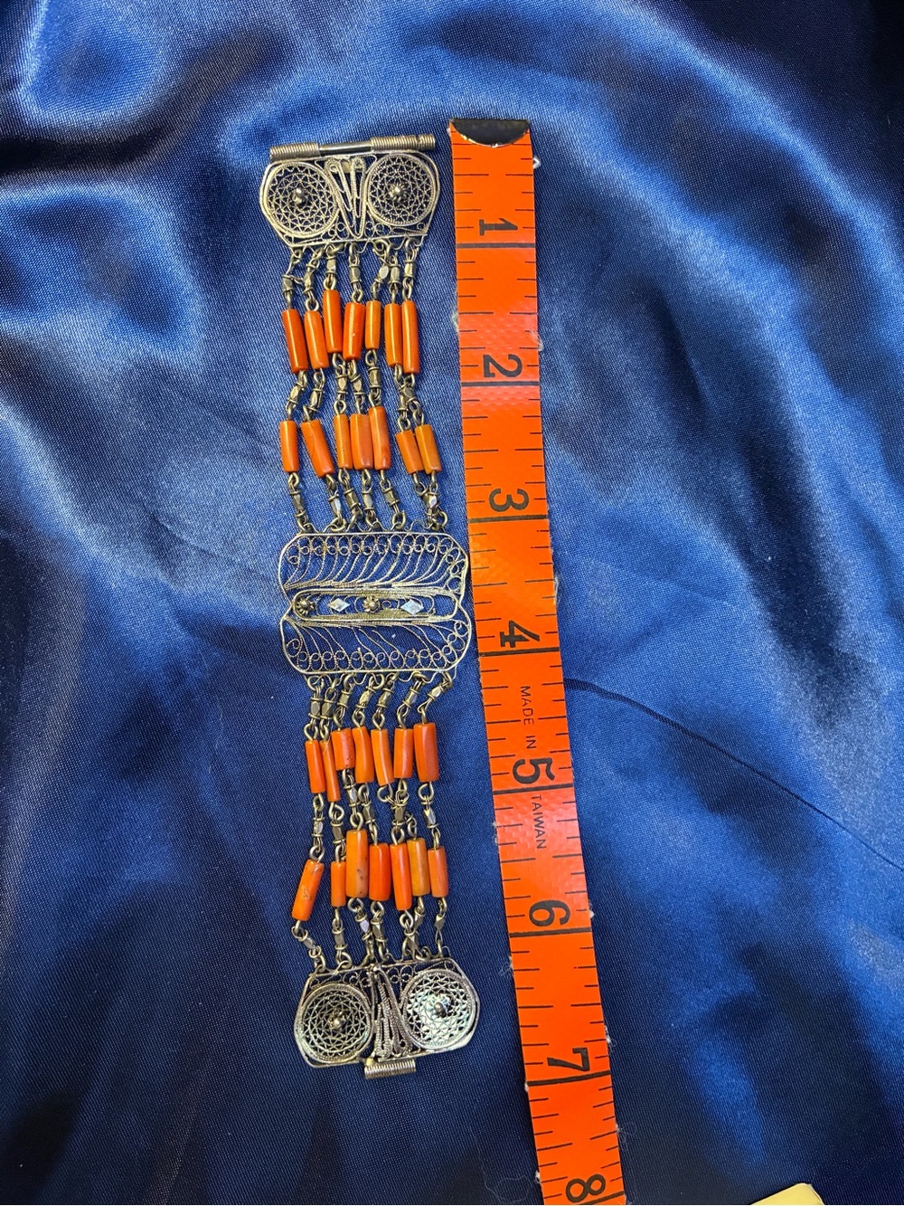 Source Unknown Filigree Multi-Strand Bracelet with Orange Beads